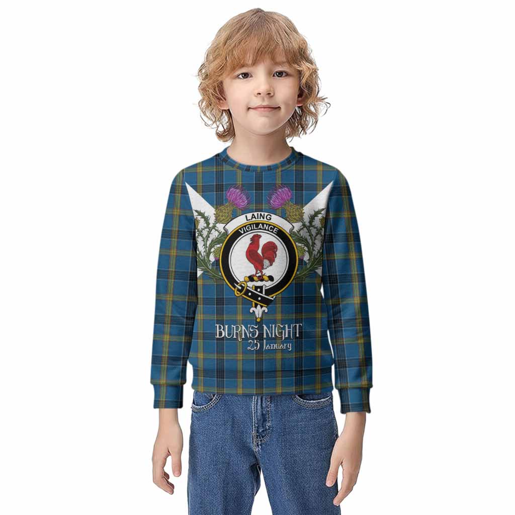 Laing Tartan Family Crest Kid Knitted Sweatshirt Scottish Burns Night Thistle Floral