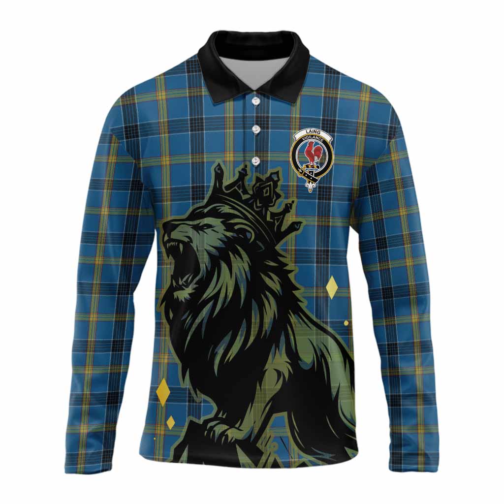 Laing Tartan Family Crest Long Sleeve Polo Shirt Crowned Lion Roaring