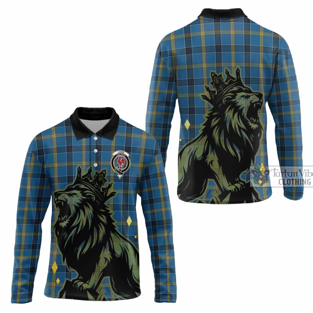 Laing Tartan Family Crest Long Sleeve Polo Shirt Crowned Lion Roaring