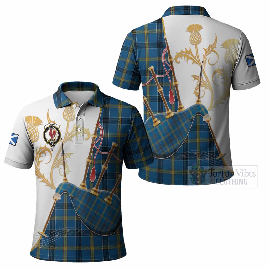 Laing Tartan Family Crest Polo Shirt Bagpipes with Scottish Thistle