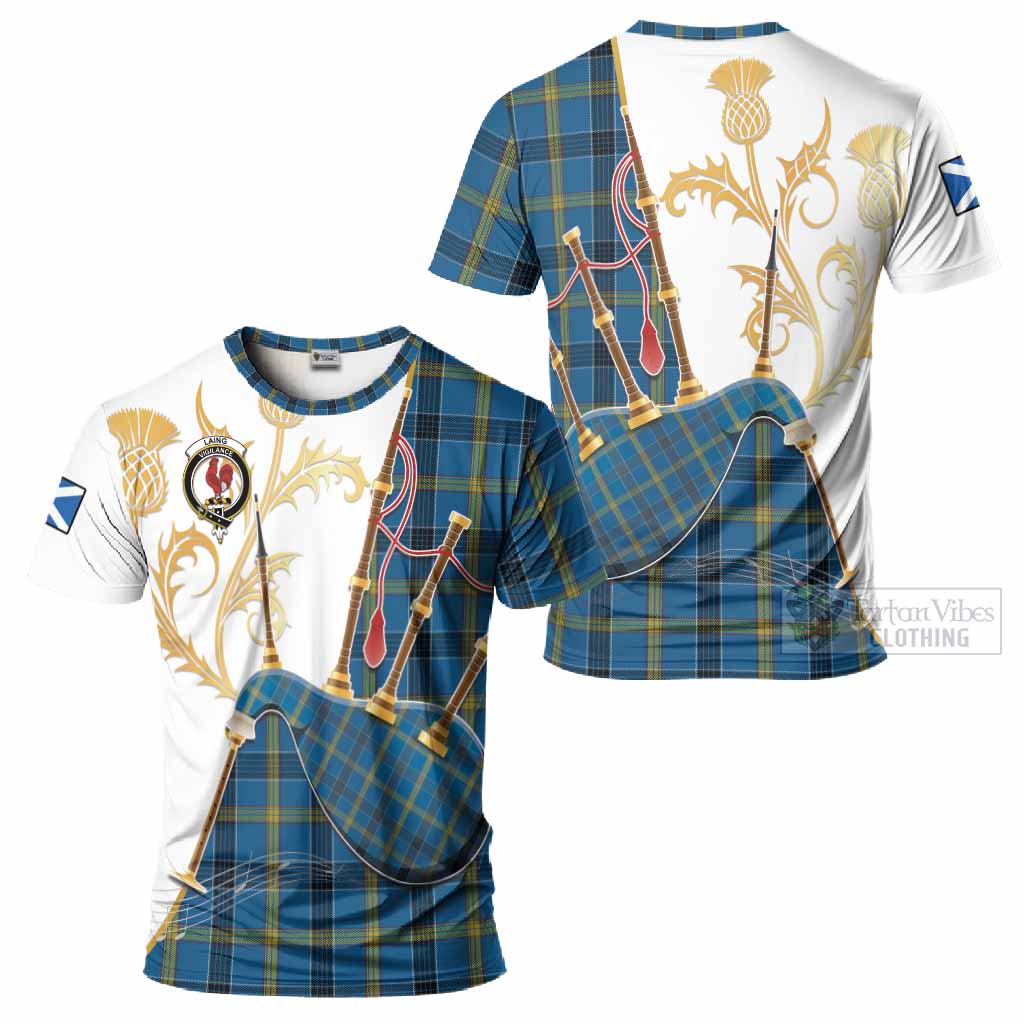 Laing Tartan Family Crest T-Shirt Bagpipes with Scottish Thistle