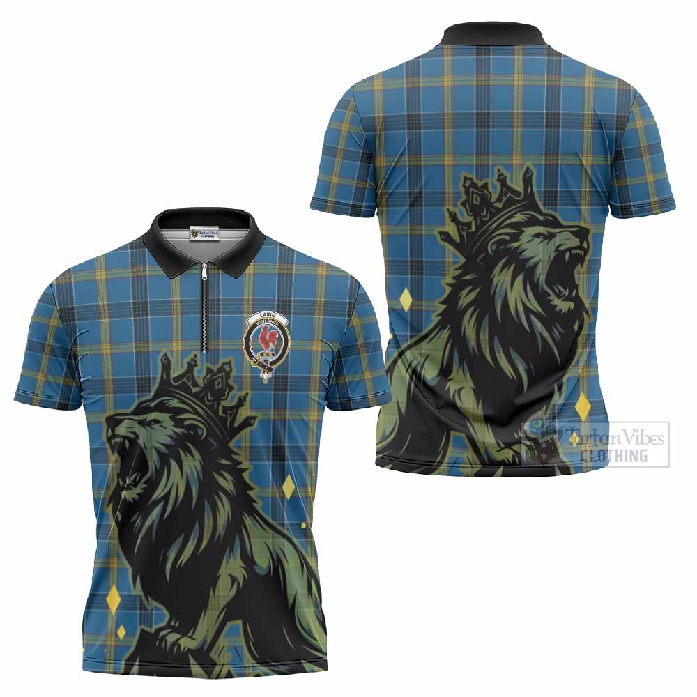 Laing Tartan Family Crest Zipper Polo Shirt Crowned Lion Roaring