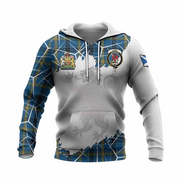 Laing Tartan Knitted Hoodie with Family Crest and Lion Rampant Grunge Style