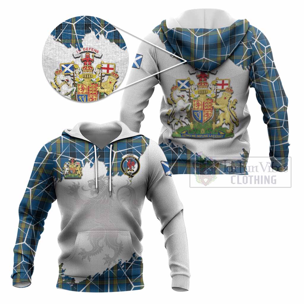 Laing Tartan Knitted Hoodie with Family Crest and Lion Rampant Grunge Style