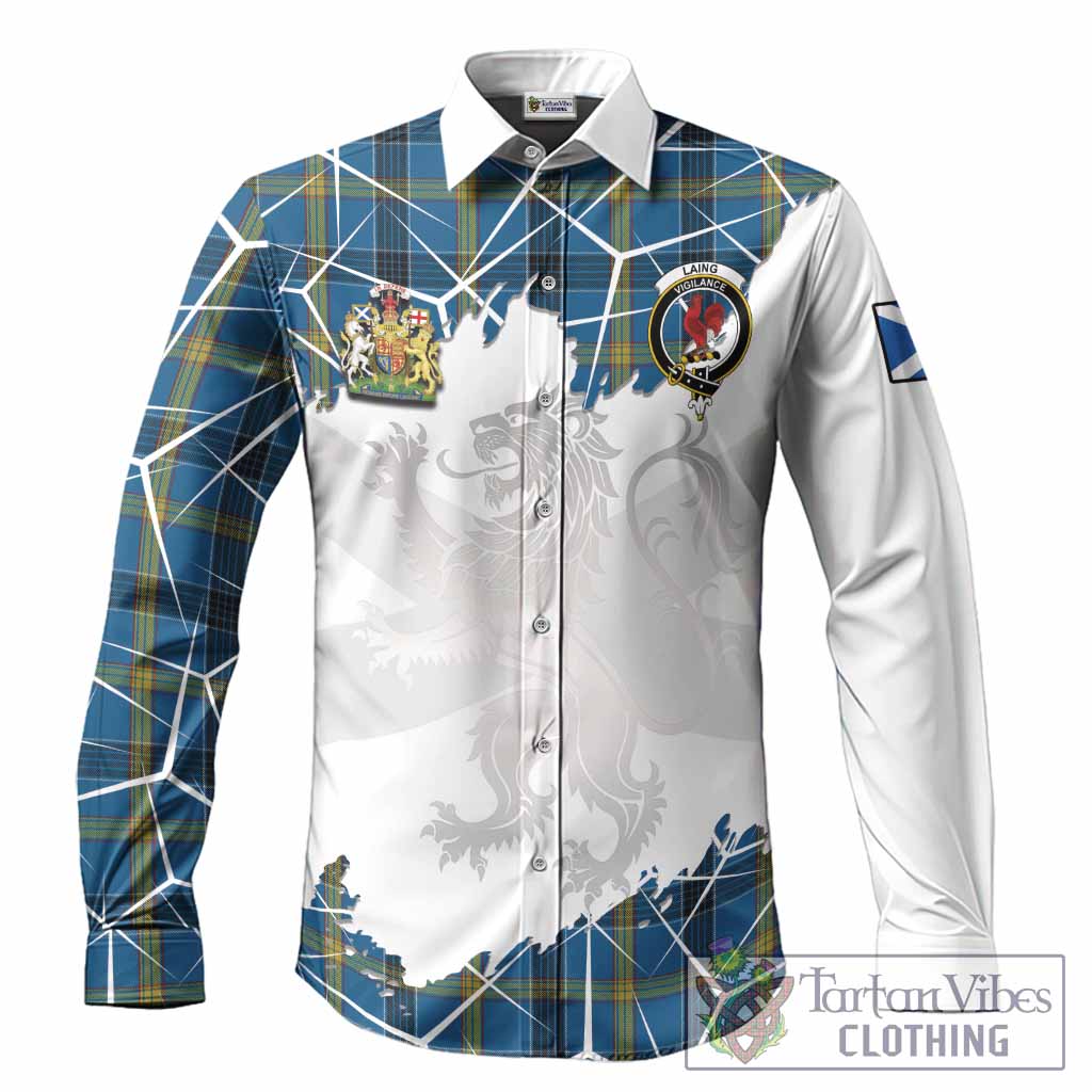 Laing Tartan Long Sleeve Button Shirts with Family Crest and Lion Rampant Grunge Style