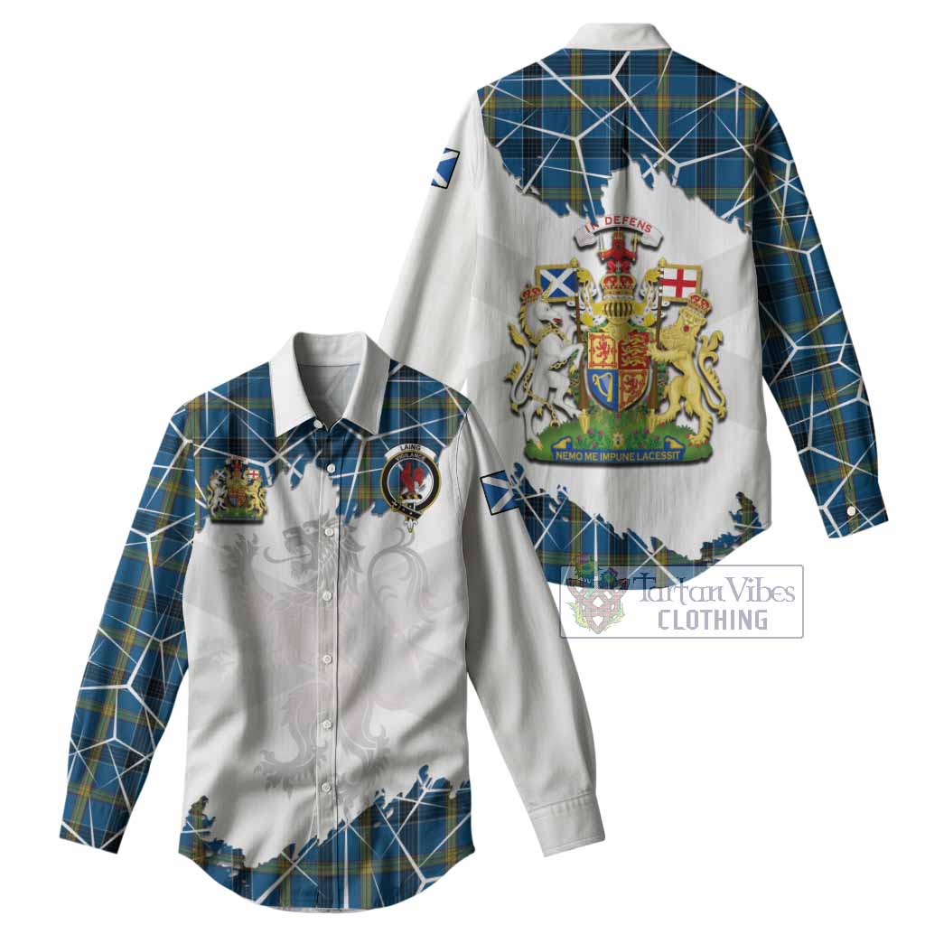 Laing Tartan Women Casual Shirt with Family Crest and Lion Rampant Grunge Style