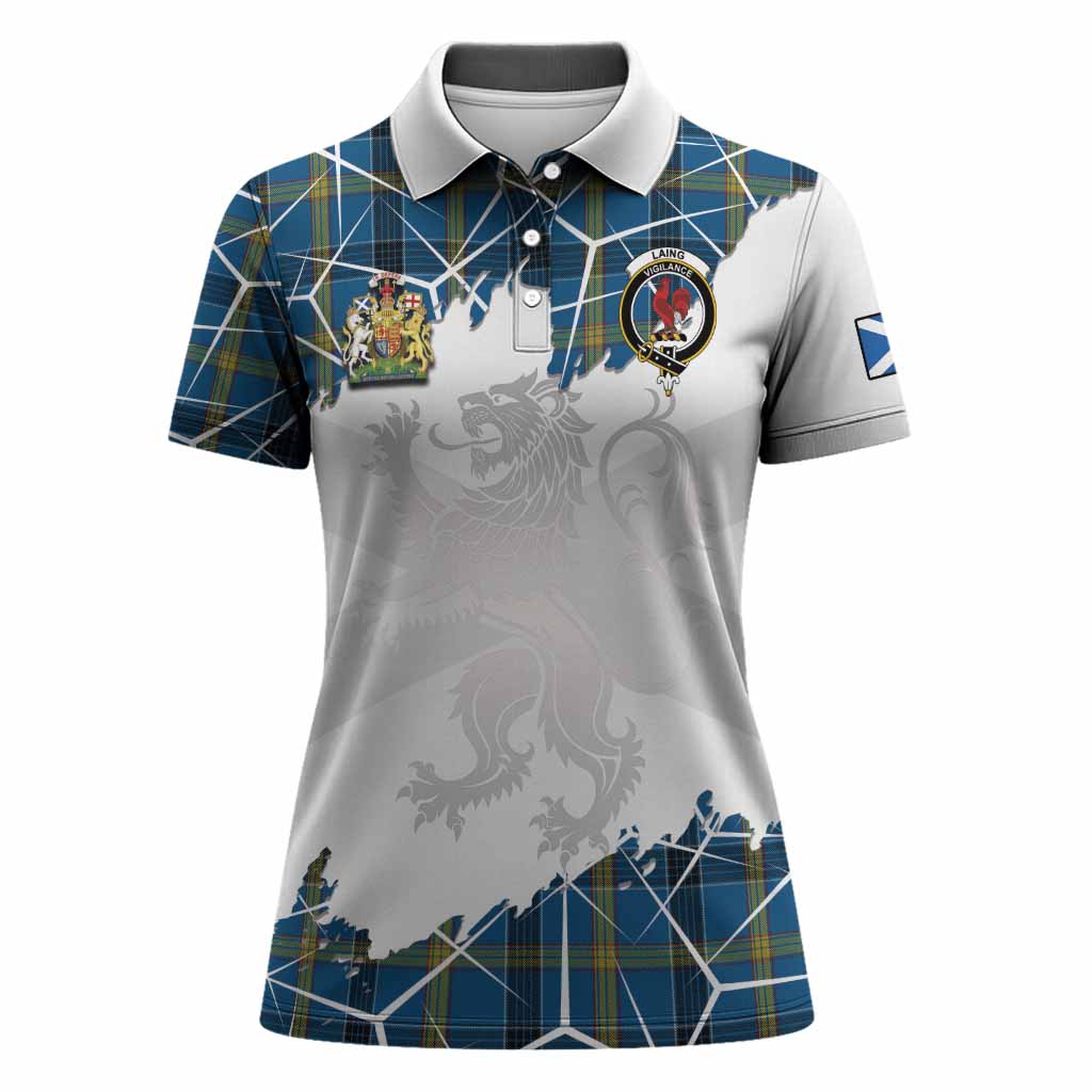 Laing Tartan Women Polo Shirt with Family Crest and Lion Rampant Grunge Style