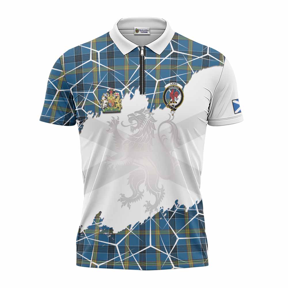 Laing Tartan Zipper Polo Shirt with Family Crest and Lion Rampant Grunge Style