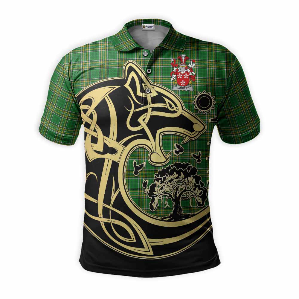 Tartan Vibes Clothing Lambert Irish Tartan Polo Shirt with Coat of Arms Celtic Wolf Style