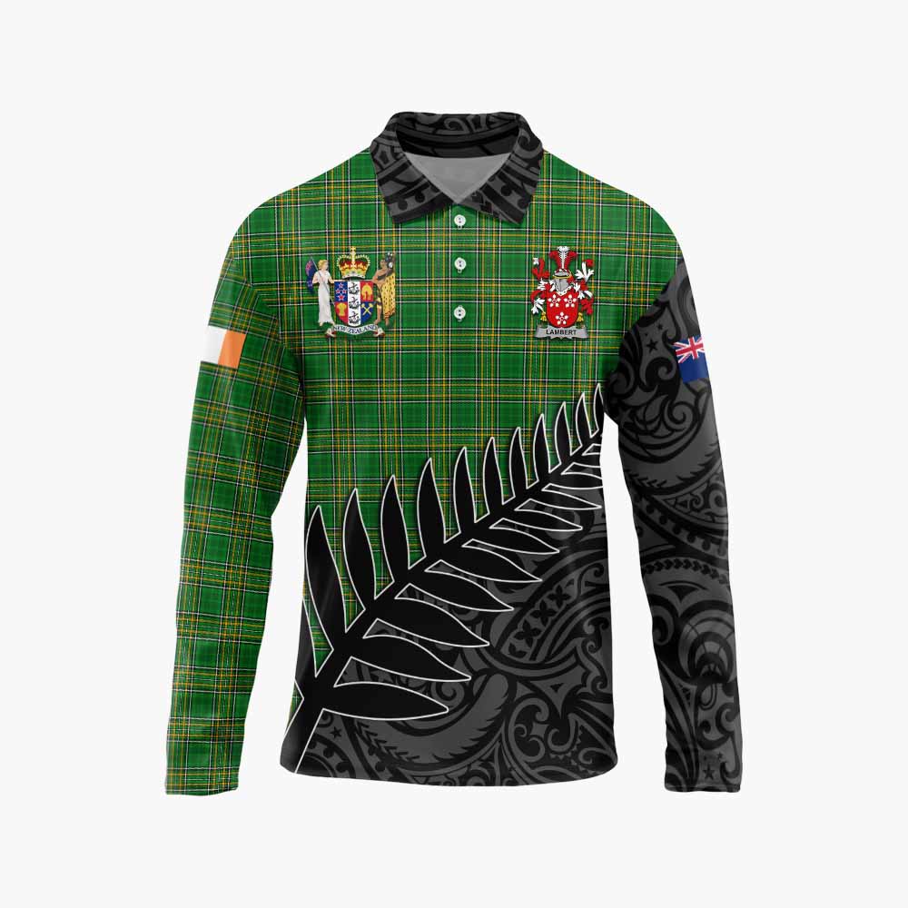 Tartan Vibes Clothing Lambert Irish Clan Tartan Long Sleeve Polo Shirt with Coat of Arms New Zealand Silver Fern Half Style