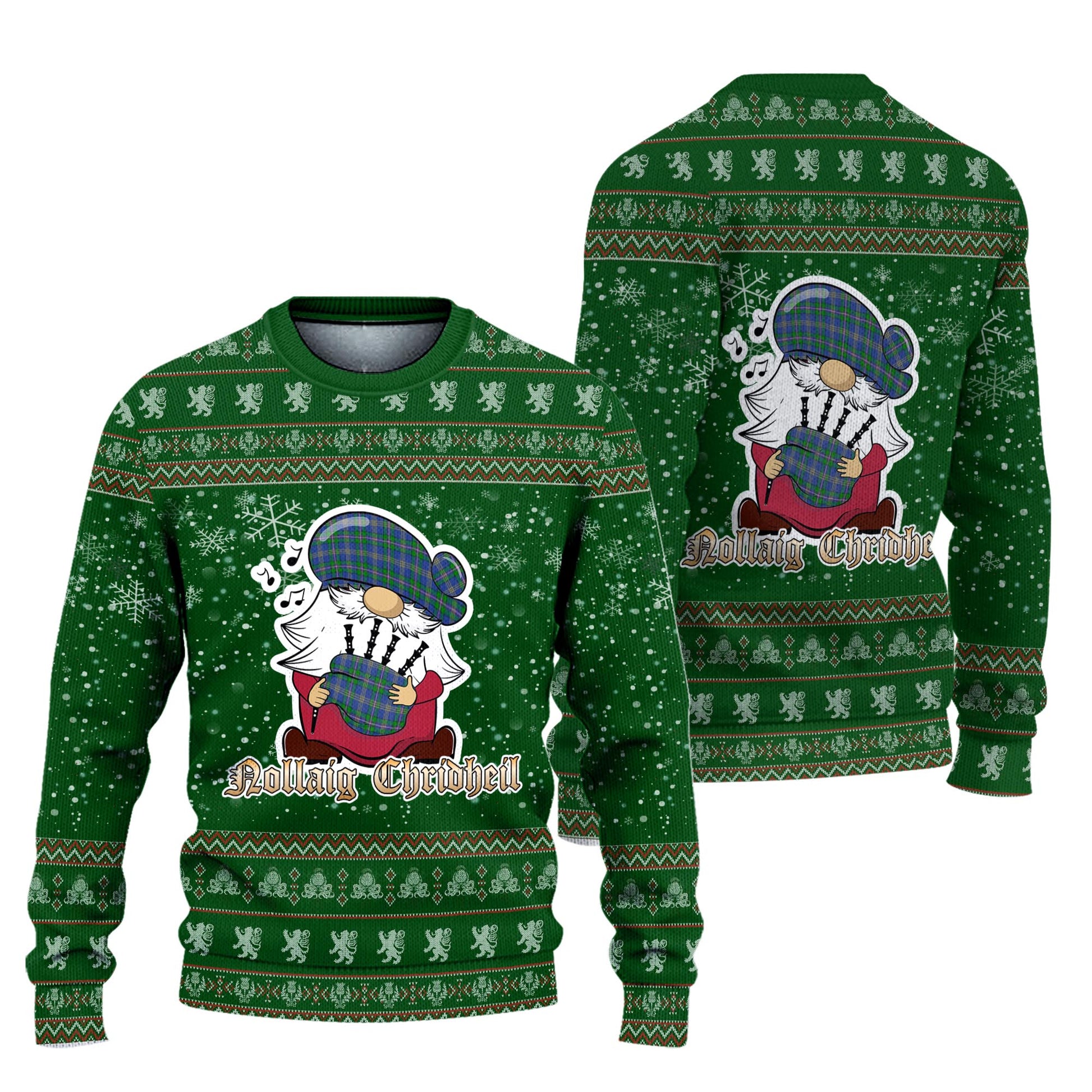 Lambert Clan Christmas Family Knitted Sweater with Funny Gnome Playing Bagpipes Unisex Green - Tartanvibesclothing