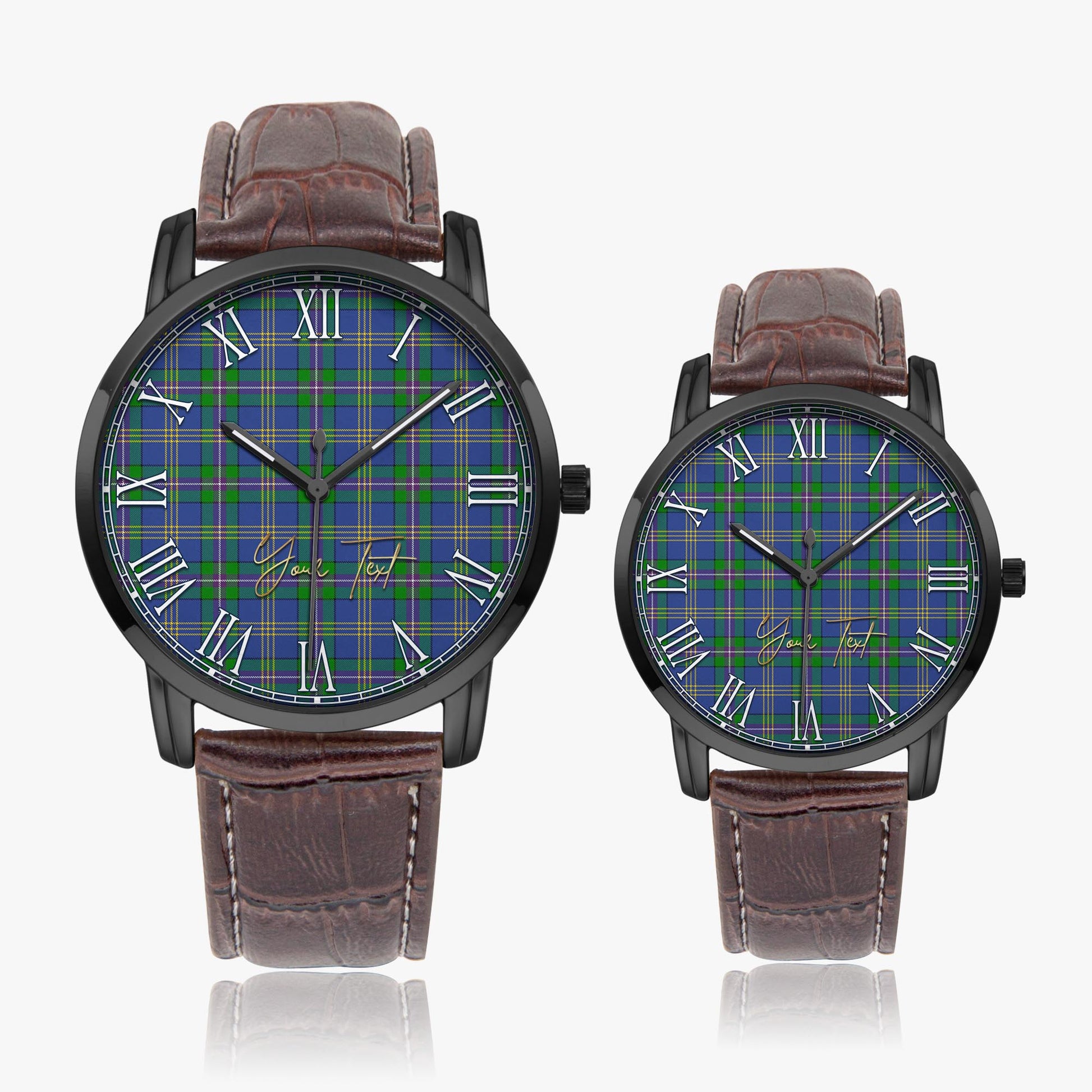 Lambert Tartan Personalized Your Text Leather Trap Quartz Watch Wide Type Black Case With Brown Leather Strap - Tartanvibesclothing