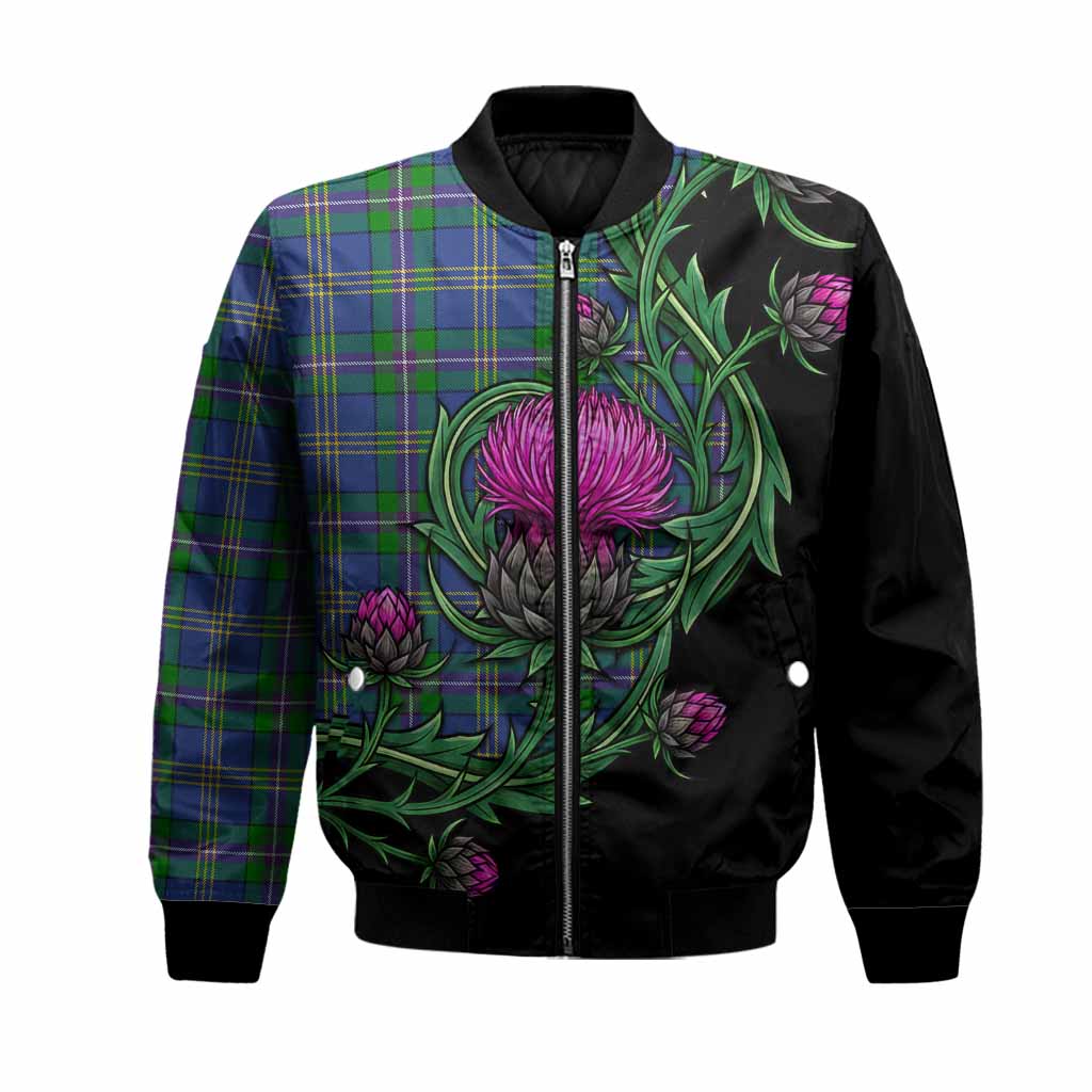 Lambert Tartan Bomber Jacket Resilient Scottish Thistle Unisex Black - Tartan Vibes Clothing