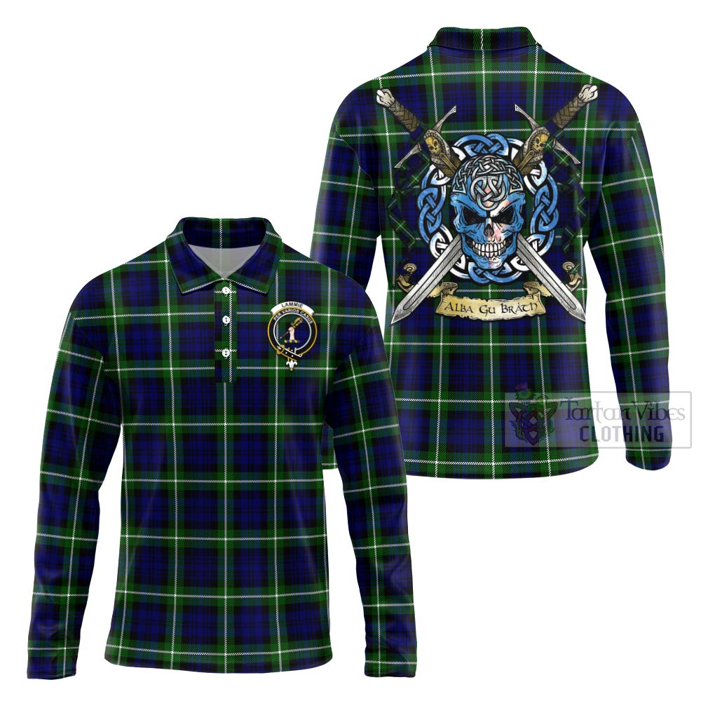 Lammie Tartan Long Sleeve Polo Shirt with Family Crest Celtic Skull Style Unisex - Tartan Vibes Clothing