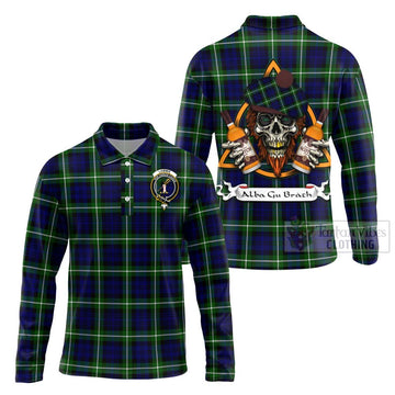 Lammie Tartan Long Sleeve Polo Shirt with Family Crest and Bearded Skull Holding Bottles of Whiskey Unisex - Tartan Vibes Clothing