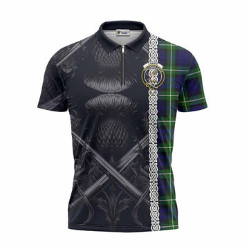 Lammie Tartan Zipper Polo Shirt with Family Crest Cross Sword Thistle Celtic Vibes Unisex - Tartan Vibes Clothing