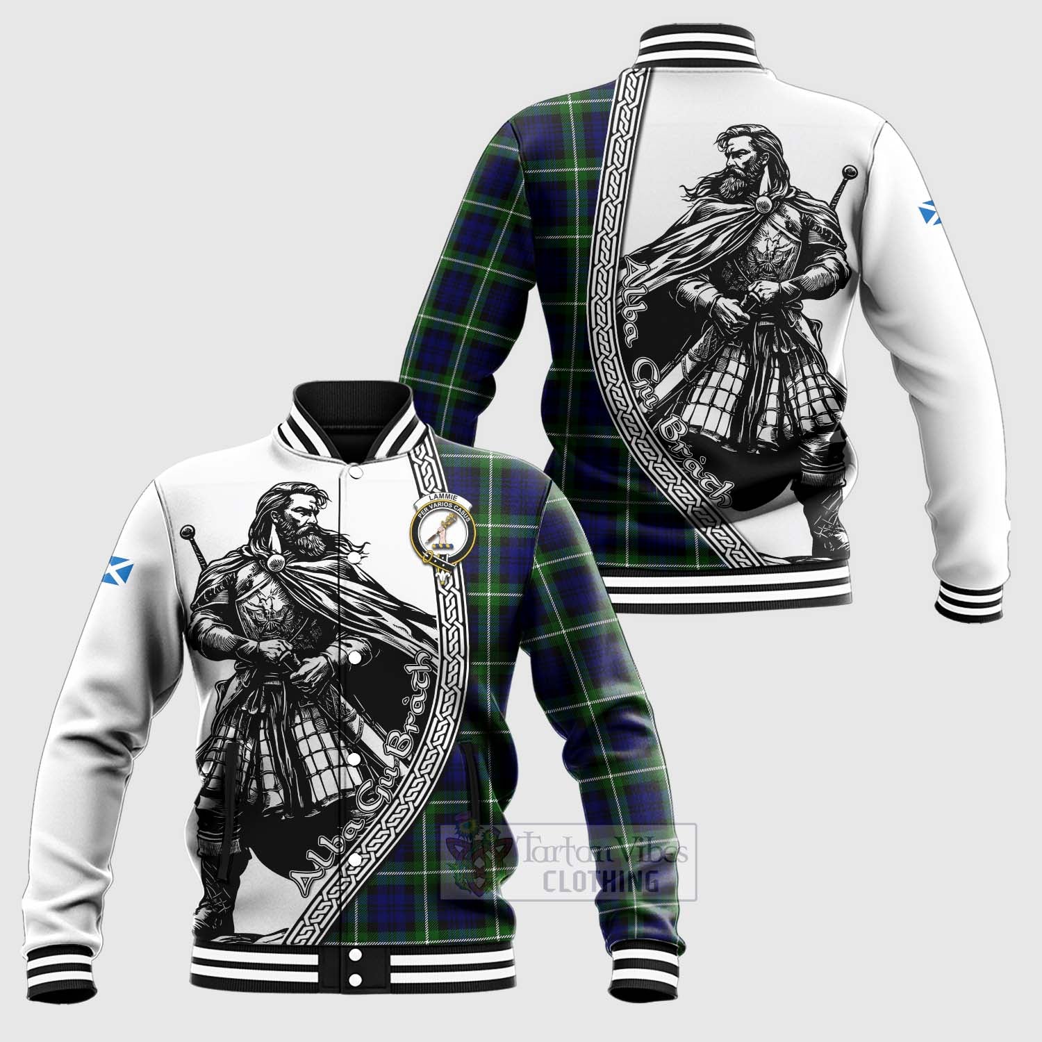 Lammie Tartan Clan Crest Baseball Jacket with Highlander Warrior Celtic Style Unisex - Tartan Vibes Clothing