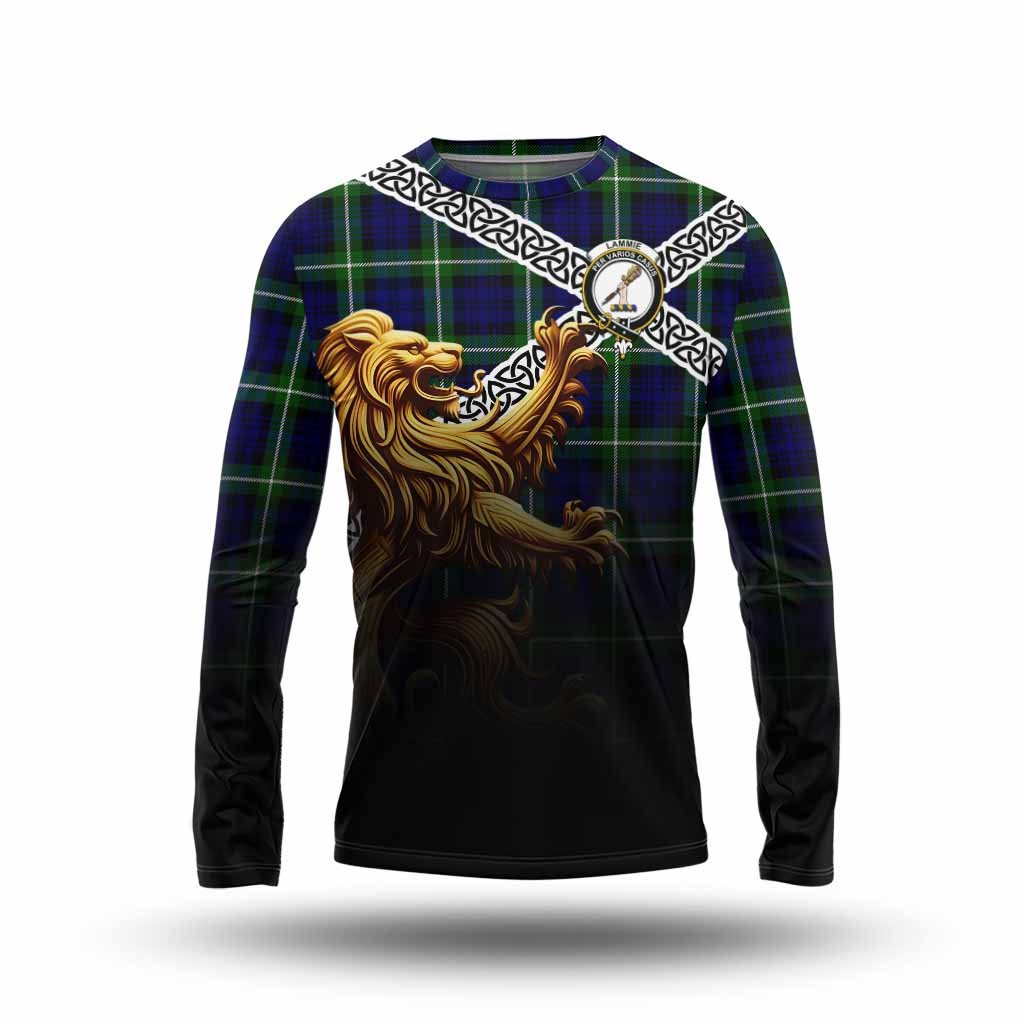 Lammie Crest Tartan Long Sleeve T-Shirt with Golden Lion Emblem Celtic Style Unisex - Tartan Vibes Clothing