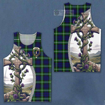 Lammie Tartan Men's Tank Top with Family Crest and St. Andrew's Cross Accented by Thistle Vines Men - Tartan Vibes Clothing