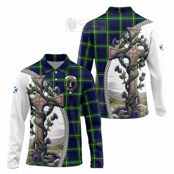 Lammie Tartan Long Sleeve Polo Shirt with Family Crest and St. Andrew's Cross Accented by Thistle Vines Unisex - Tartan Vibes Clothing