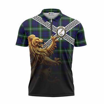 Lammie Crest Tartan Zipper Polo Shirt with Golden Lion Emblem Celtic Style Unisex - Tartan Vibes Clothing