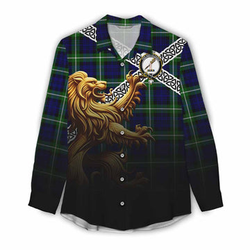 Lammie Crest Tartan Women's Casual Shirt with Golden Lion Emblem Celtic Style Female - Tartan Vibes Clothing