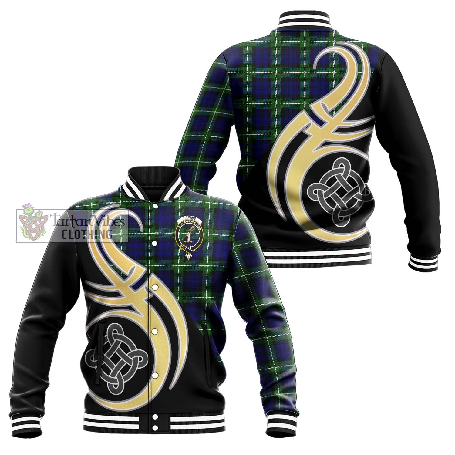 Lammie Tartan Baseball Jacket with Family Crest and Celtic Symbol Style Unisex - Tartan Vibes Clothing