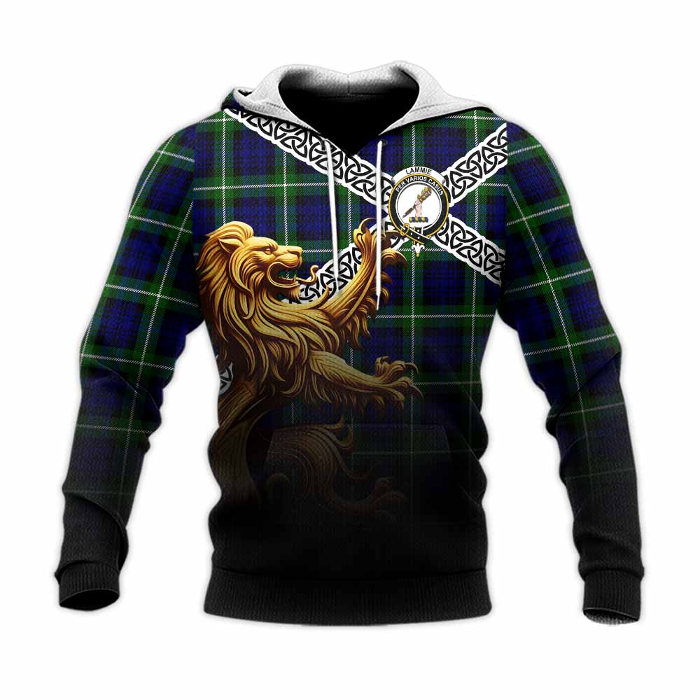 Lammie Crest Tartan Knitted Hoodie with Golden Lion Emblem Celtic Style Unisex Knitted Pullover Hoodie - Tartan Vibes Clothing
