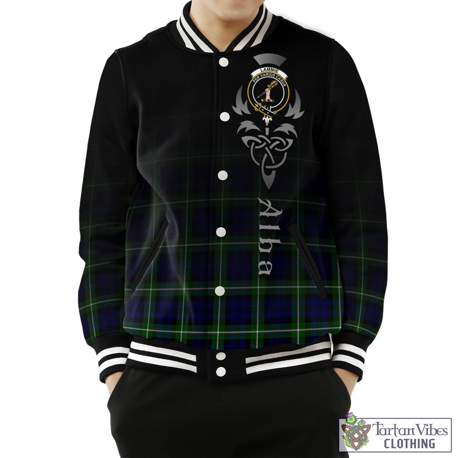 Lammie Tartan Baseball Jacket Featuring Alba Gu Brath Family Crest Celtic Inspired Unisex - Tartan Vibes Clothing