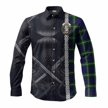 Tartan Vibes Clothing Lammie Tartan Long Sleeve Button Shirt with Family Crest Cross Sword Thistle Celtic Vibes