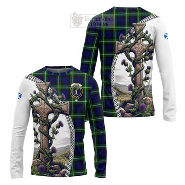 Lammie Tartan Long Sleeve T-Shirt with Family Crest and St. Andrew's Cross Accented by Thistle Vines Unisex - Tartan Vibes Clothing