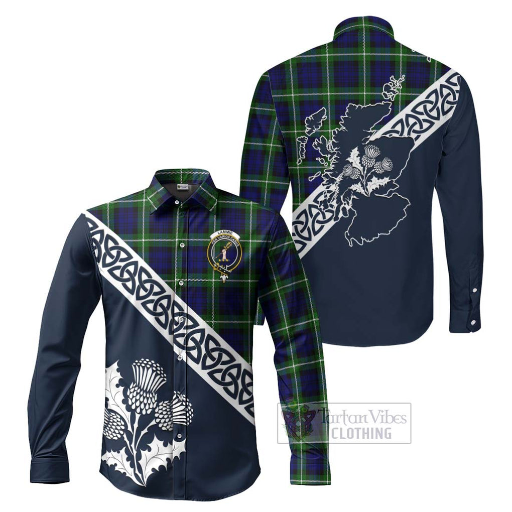 Lammie Tartan Long Sleeve Button Shirt Featuring Thistle and Scotland Map Men's Shirt S - Tartan Vibes Clothing