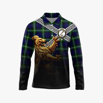 Lammie Crest Tartan Long Sleeve Polo Shirt with Golden Lion Emblem Celtic Style Unisex - Tartan Vibes Clothing
