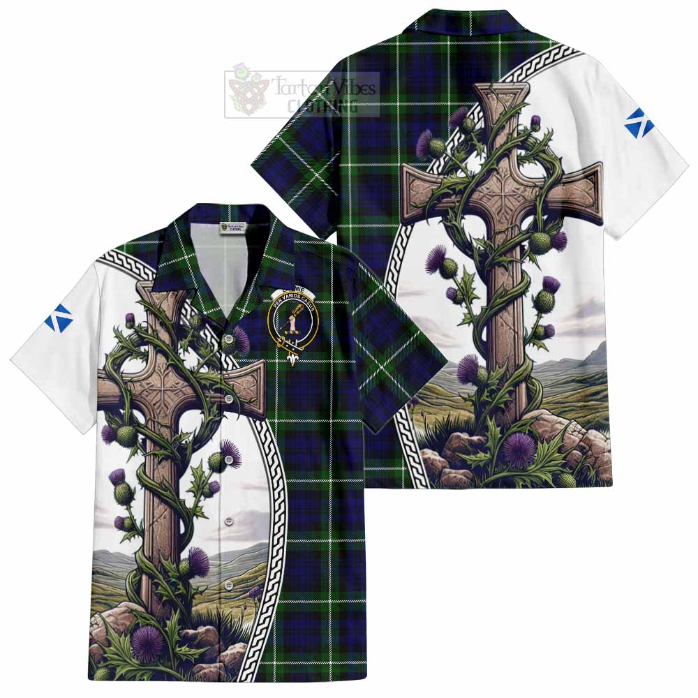 Lammie Tartan Hawaiian Shirt with Family Crest and St. Andrew's Cross Accented by Thistle Vines Kid - Tartan Vibes Clothing