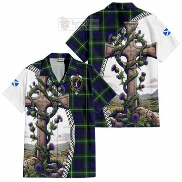 Lammie Tartan Hawaiian Shirt with Family Crest and St. Andrew's Cross Accented by Thistle Vines Kid - Tartan Vibes Clothing