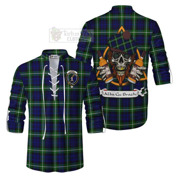 Lammie Tartan Ghillie Kilt Shirt with Family Crest and Bearded Skull Holding Bottles of Whiskey Men - Tartan Vibes Clothing