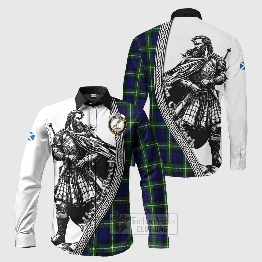 Lammie Tartan Clan Crest Long Sleeve Button Shirt with Highlander Warrior Celtic Style Men's Shirt S - Tartan Vibes Clothing