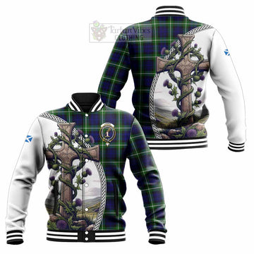 Lammie Tartan Baseball Jacket with Family Crest and St. Andrew's Cross Accented by Thistle Vines Unisex - Tartan Vibes Clothing
