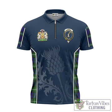 Lammie Tartan Zipper Polo Shirt with Family Crest and Scottish Thistle Vibes Sport Style