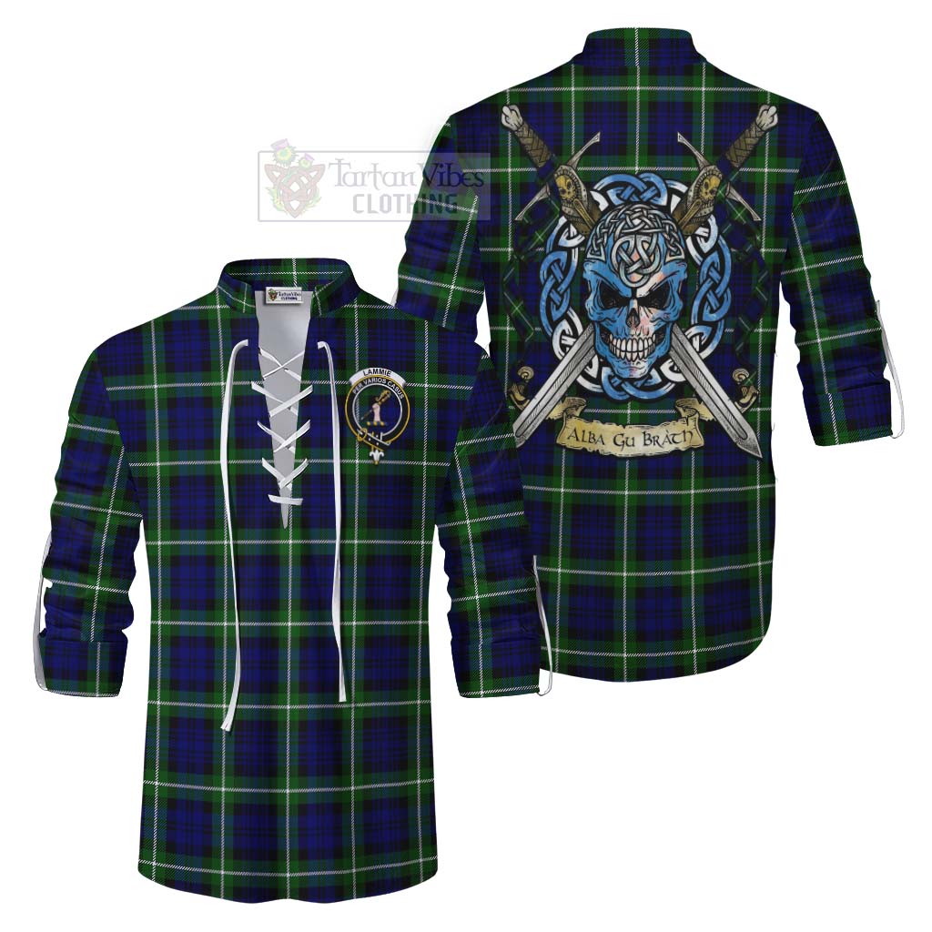 Lammie Tartan Ghillie Kilt Shirt with Family Crest Celtic Skull Style Men - Tartan Vibes Clothing
