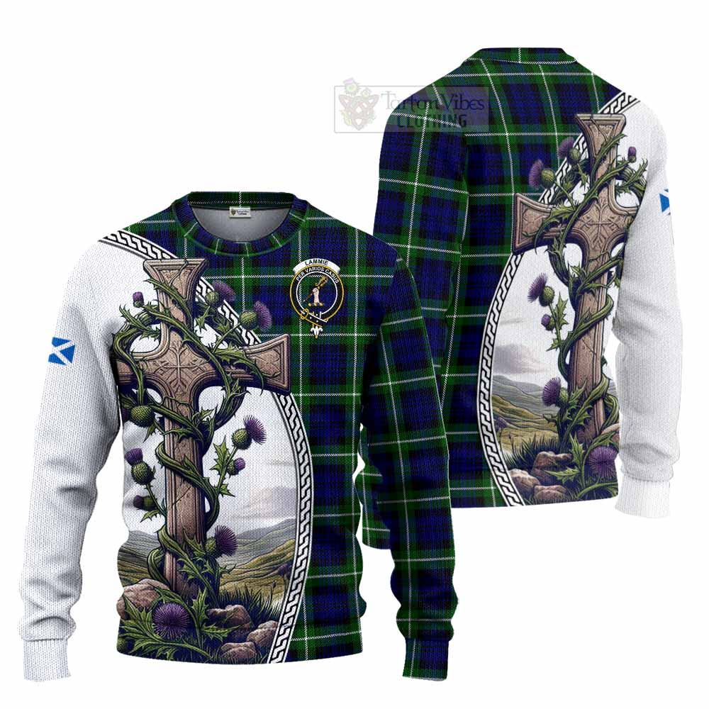Lammie Tartan Knitted Sweater with Family Crest and St. Andrew's Cross Accented by Thistle Vines Unisex - Tartan Vibes Clothing