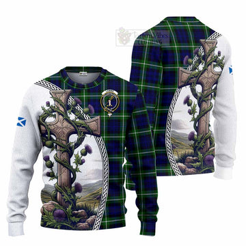 Lammie Tartan Knitted Sweater with Family Crest and St. Andrew's Cross Accented by Thistle Vines Unisex - Tartan Vibes Clothing