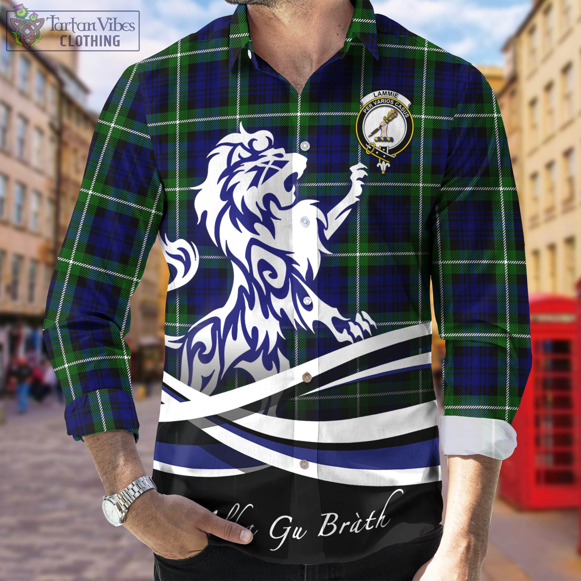 Lammie Tartan Long Sleeve Button Up Shirt with Alba Gu Brath Regal Lion Emblem Men's Shirt - Tartan Vibes Clothing
