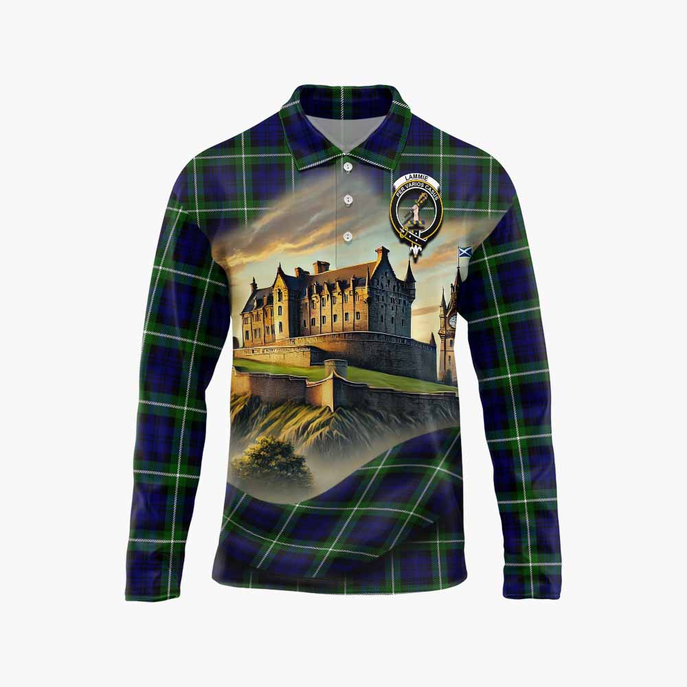 Lammie Tartan Family Crest Long Sleeve Polo Shirt with Scottish Ancient Castle Style Unisex - Tartan Vibes Clothing