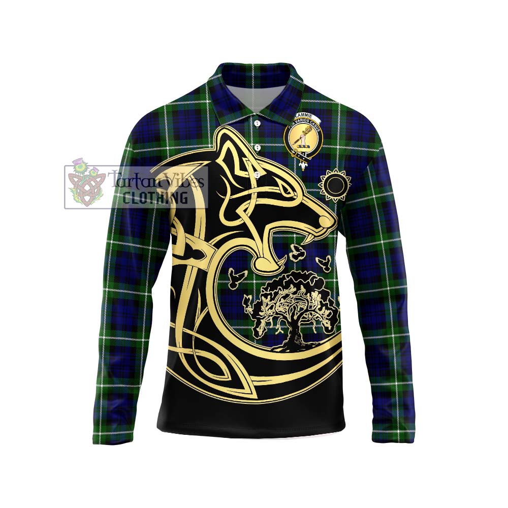 Lammie Tartan Long Sleeve Polo Shirt with Family Crest Celtic Wolf Style Unisex - Tartan Vibes Clothing