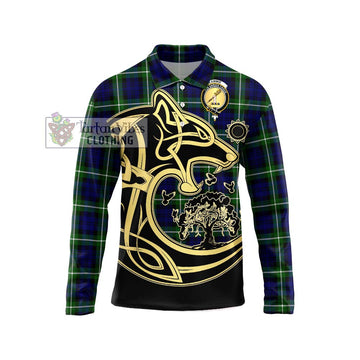 Lammie Tartan Long Sleeve Polo Shirt with Family Crest Celtic Wolf Style Unisex - Tartan Vibes Clothing
