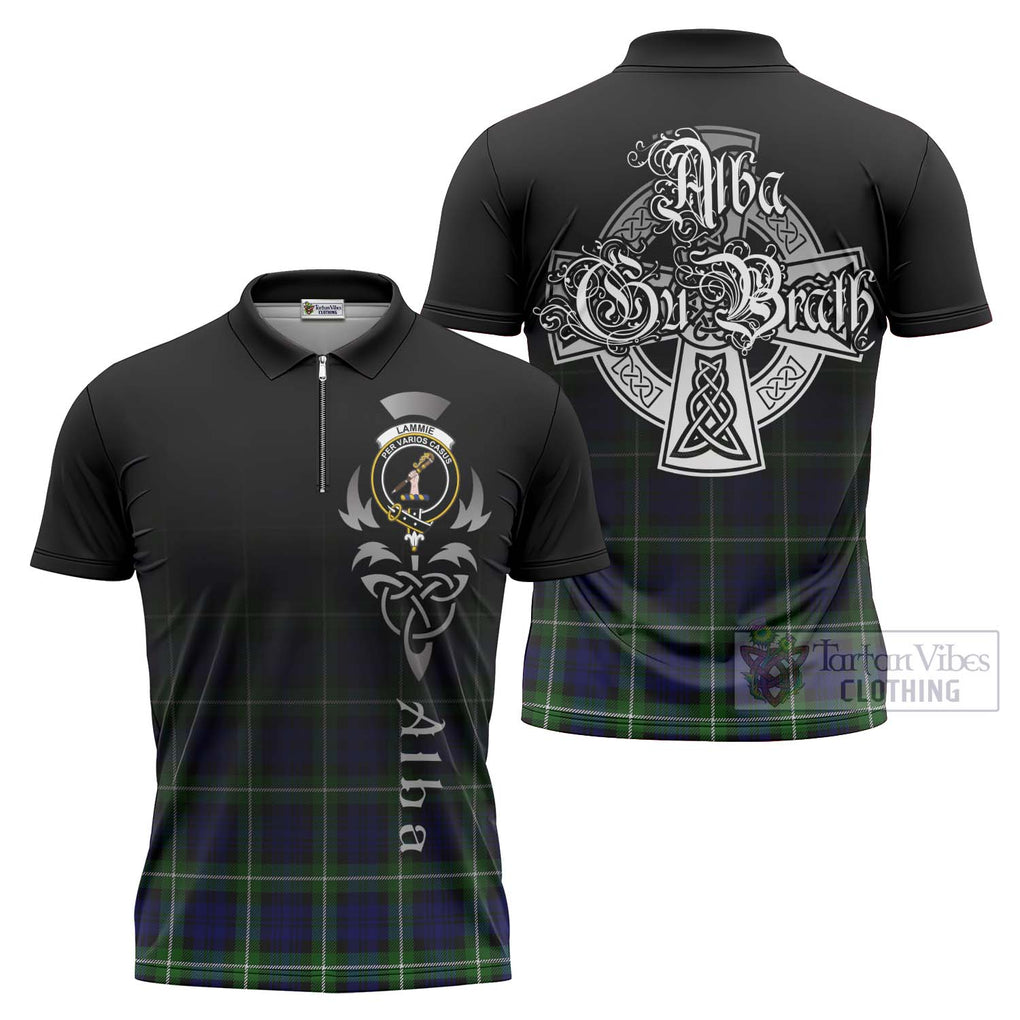 Lammie Tartan Zipper Polo Shirt Featuring Alba Gu Brath Family Crest Celtic Inspired Unisex - Tartan Vibes Clothing