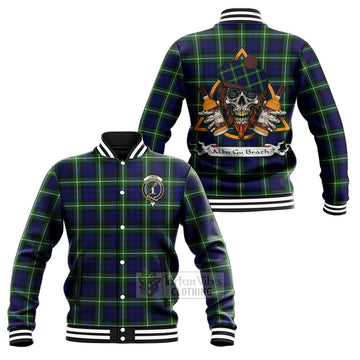 Lammie Tartan Baseball Jacket with Family Crest and Bearded Skull Holding Bottles of Whiskey Unisex - Tartan Vibes Clothing