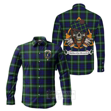 Lammie Tartan Long Sleeve Button Shirt with Family Crest and Bearded Skull Holding Bottles of Whiskey Men's Shirt S - Tartan Vibes Clothing