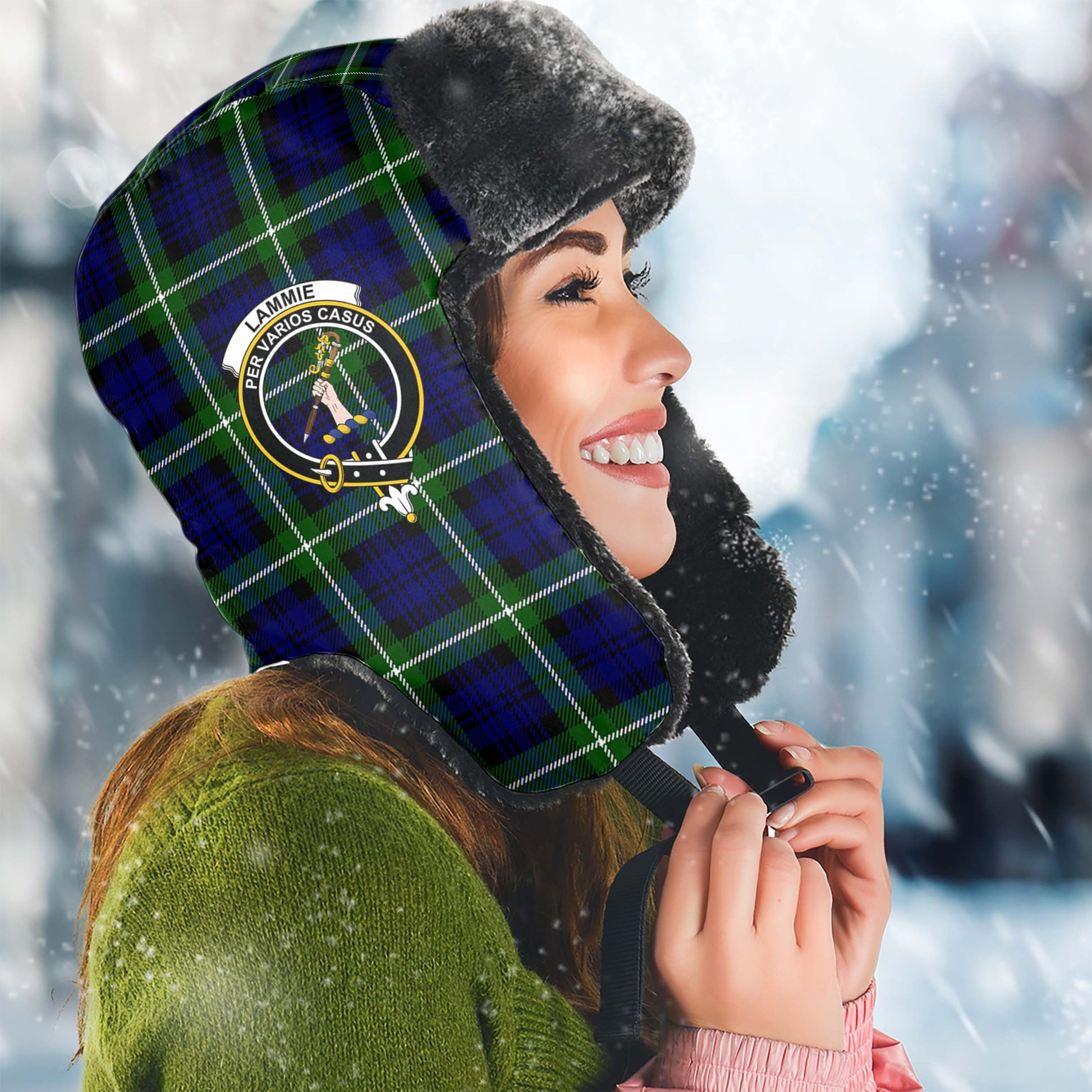 Lammie Tartan Winter Trapper Hat with Family Crest Winter Trapper Hat Universal Fit Circumference 22.8in (58cm) - Tartan Vibes Clothing